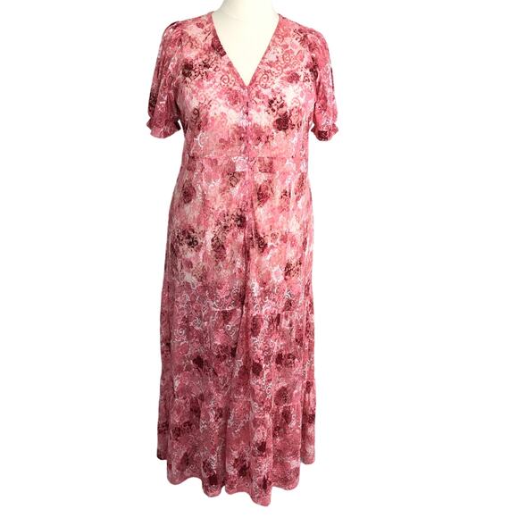 Sheer Lace Maxi Dress Button Front V Neck Short Sleeves Size 1X Pink - Picture 1 of 8